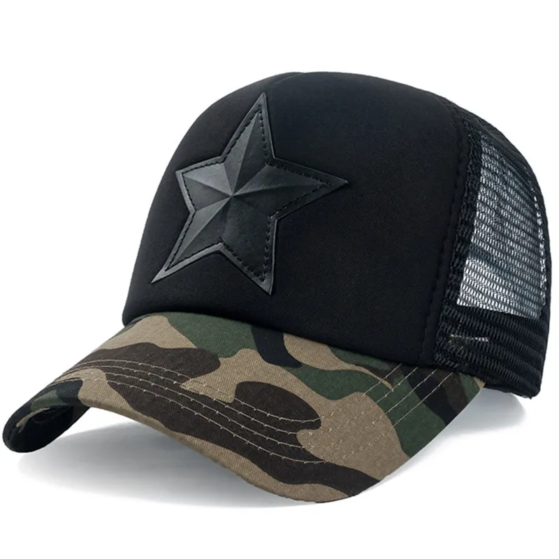 

New 3D Five-pointed Star Embroidery Mesh Baseball Cap Fashion Summer Snapback Camouflage Hat Cap For Men & Women Leisure Cap
