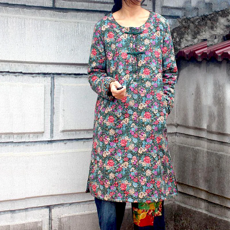 Folk style dress winter soft cotton retro floral long coat windbreak wind coat