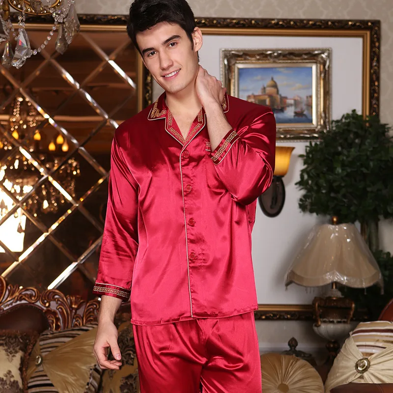 Couple Pajamas Men Women Sexy Satin Silk Pajama Pants Sets Chinese Red Long-Sleeved Pyjama Lounge Sets Lovers Sleepwear