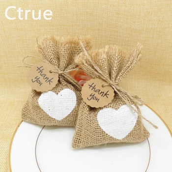 

20pcs/lot 10*14cm Hessian Burlap white heart Bag Jute Gift Bags candy bag wedding gifts for guests rustic wedding decoration