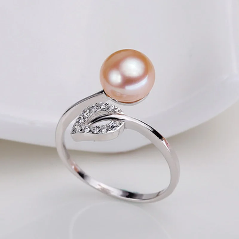 ASHIQI реальные 925 пробы Серебряные кольца в форме листа бижутерия размером 8-9 мм, натуральный речной жемчуг открытый палец ювелирное изделие - Цвет камня: Розовый