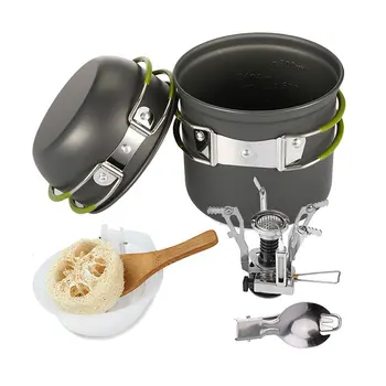 

VILEAD Outdoor Portable Single Camping Set Pot Picnic Cookware with Small Pot Small Lid Cutlery Bowl Loofah Cooking Noodles