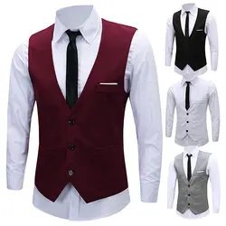 Для мужчин формальные Бизнес Slim Fit v-образным вырезом одноцветное однобортный жилет костюм жилет Новое поступление Лидер продаж