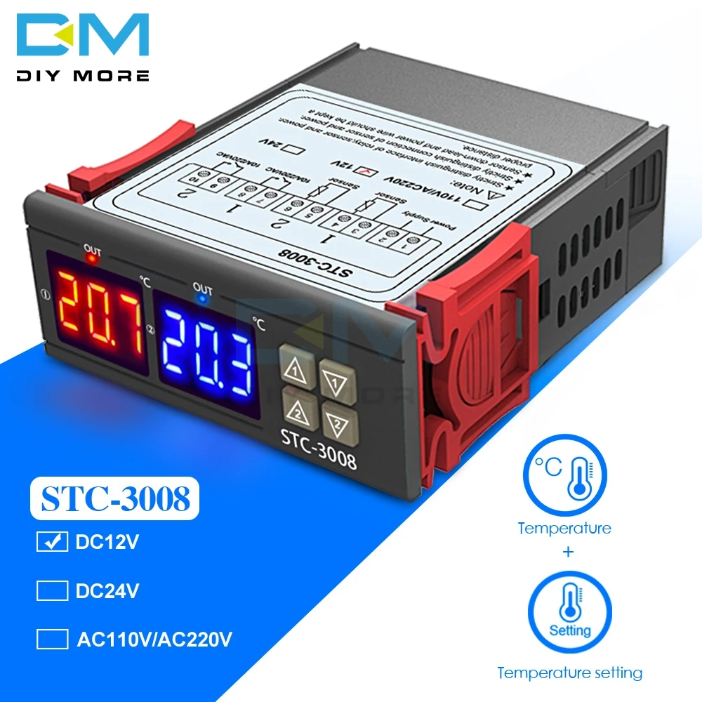 STC-3008, двойной цифровой регулятор температуры, термостат, терморегулятор, инкубатор, зонд 10 А, нагрев, охлаждение 12 В 24 в 110 В 220 В - Цвет: DC 12V