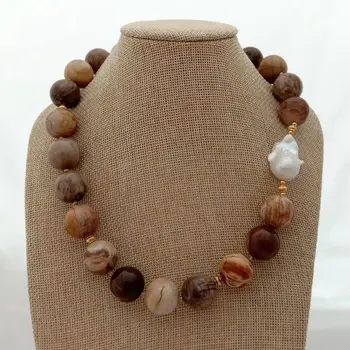

20'' 18mm Petrified Wood Stone White Keshi Pearl Necklace