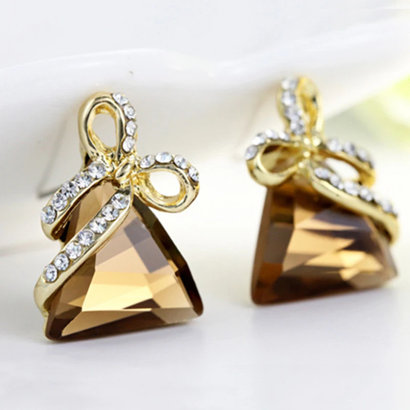 Модные Австрийские хрустальные золотые треугольный лук серьги для женщин Популярные стразы серьги-гвоздики ювелирные изделия для женщин brincos