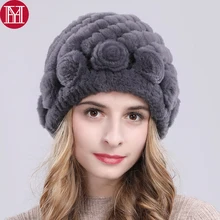 Ladys натуральный мех кролика рекс шапка Россия зима вязаный Настоящий мех кролика шапка для женщин настоящий кролик лиса меховые шапочки