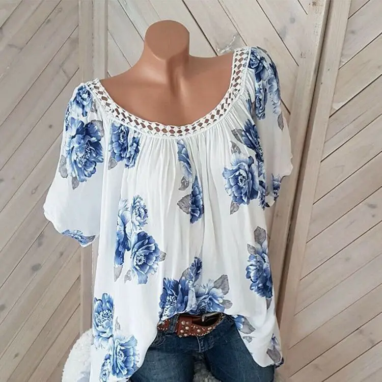 

Large size women's shirt 2019 summer new fashion printed shirt neckline hollow ribbon short-sleeved womens blouses