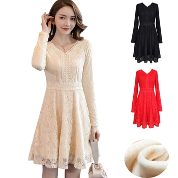 

2018Women Winter Dress warm fleece elegant lace dress V-neck pinched waist Cultivating elegant Dress plus size vestidos M-XXXXXL
