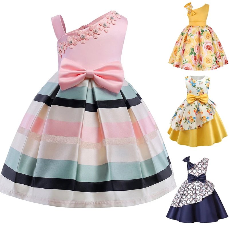 

2019 new girls stamp striped strapless dress children decals bow a word Tutu princess dress dress baby birthday party
