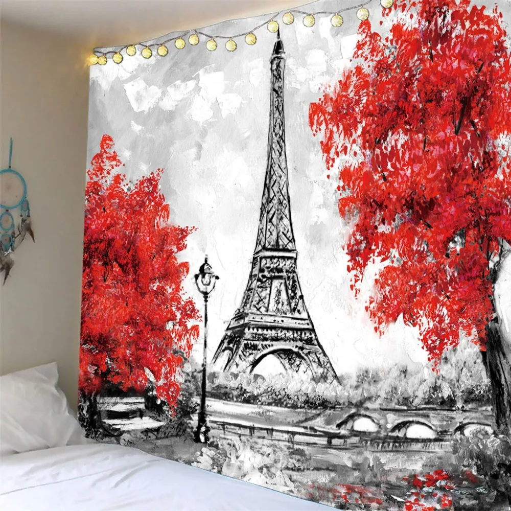 

Cherry tree tower Tapestries Psychedelic Bohemian Wall Hanging Tapestry Camping Tent Travel Beach Picnic Throw Rug Customized