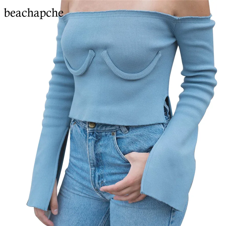 

Off Shoulder Split Sleeve Ribbed Breast Top New Summer Autumn Cropped Tops Tee T-shirt