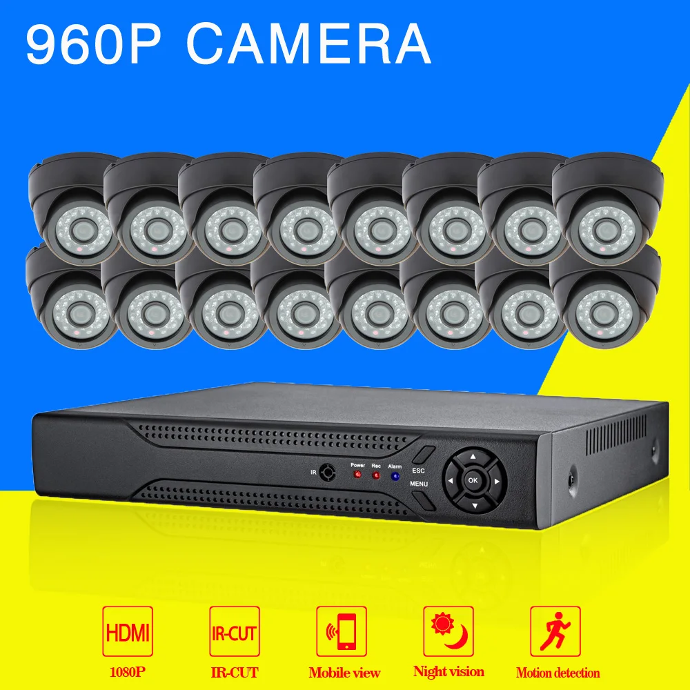 16CH 960P Video Surveillance CCTV System AHD DVR Kit with 16pcs Outdoor 960P 1.3MP Security Cameras Home Kits Black dome camera