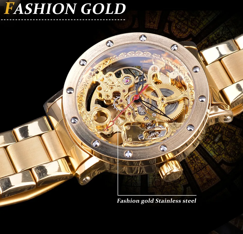 Forsining модные полностью золотые часы цветок прозрачные часы черный красный указатель Мужские автоматические часы лучший бренд класса люкс