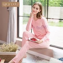 Весенне-осенние женские повседневные пижамные комплекты из двух предметов, женская футболка с круглым вырезом+ штаны, хлопковый пижамный комплект с цветочным принтом