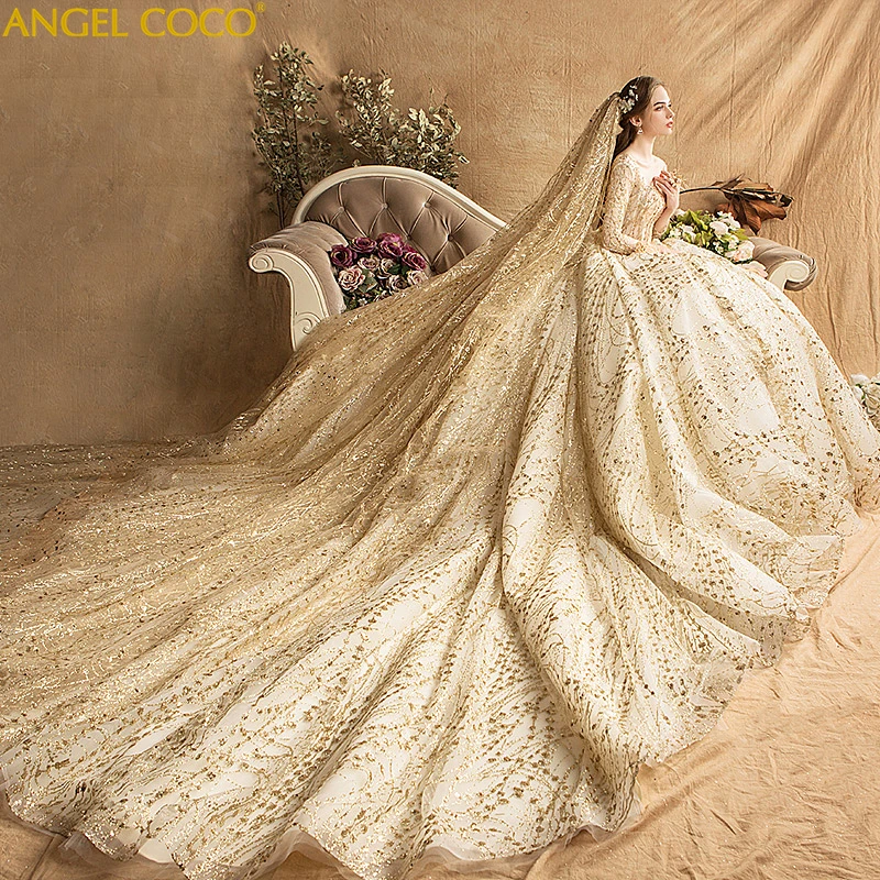 Роскошное Свадебное платье золотистого блестящего бисера с кристаллами размера плюс, свадебное платье с длинным шлейфом в Дубае, арабское мусульманское свадебное платье, свадебное платье