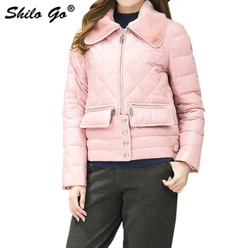 

Fashion Women Pink Casual lapel Lamb Fur Front Pocket Sliver Button Zipper Sheepskin Genuine Leather Short Down Jacket