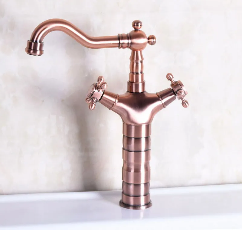 Antique Red Copper Brass Dual Cross Handles Bathroom Kitchen Basin Sink Faucet Mixer Tap Swivel Spout Deck Mounted mnf128