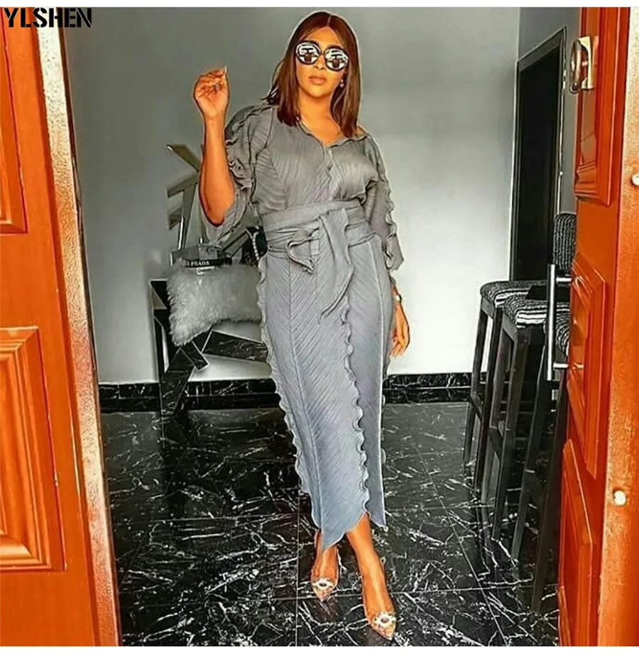 New African Dresses for Women Dashiki Falbala African Dress Clothes Bazin Riche Sexy Pleat V-neck Long Africa Maxi Dress Woman 05