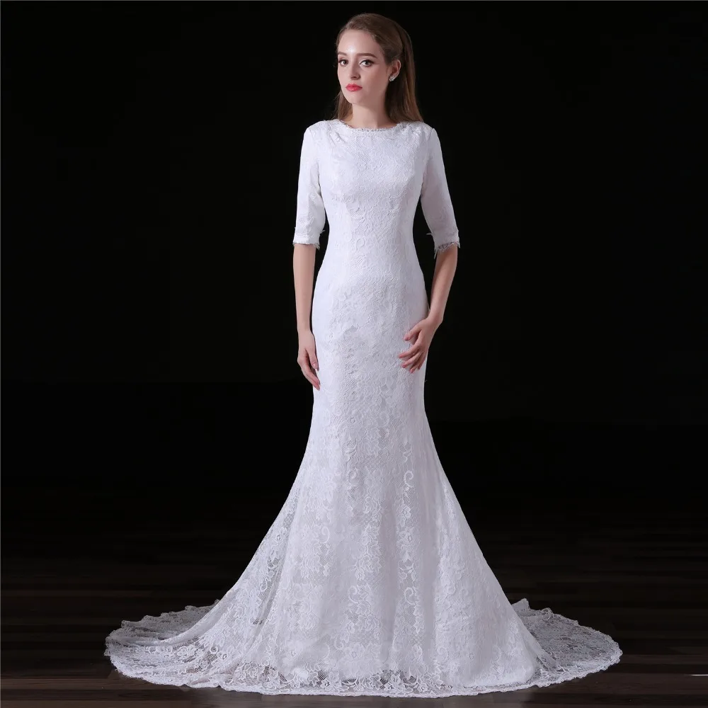 

JaneVini Half Sleeves Lace Elegant Dress for Wedding Party White Mermaid Bride Bridesmaid Dress Long Gowns Formal Sweep Train