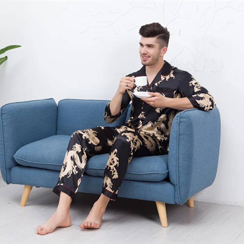 Пижама из искусственного шелка для мужчин, комплект весна-осень, пижама с длинными рукавами из 2 предметов, пижама с принтом дракона