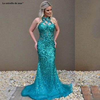 شراءفساتين سهرة فاخرة من Vestido De Gala Longo مزينة بالخرز من الكريستال فساتين لحضور الحفلات الموسيقية رسن ظهر مجوف حورية البحر صياد أخضر