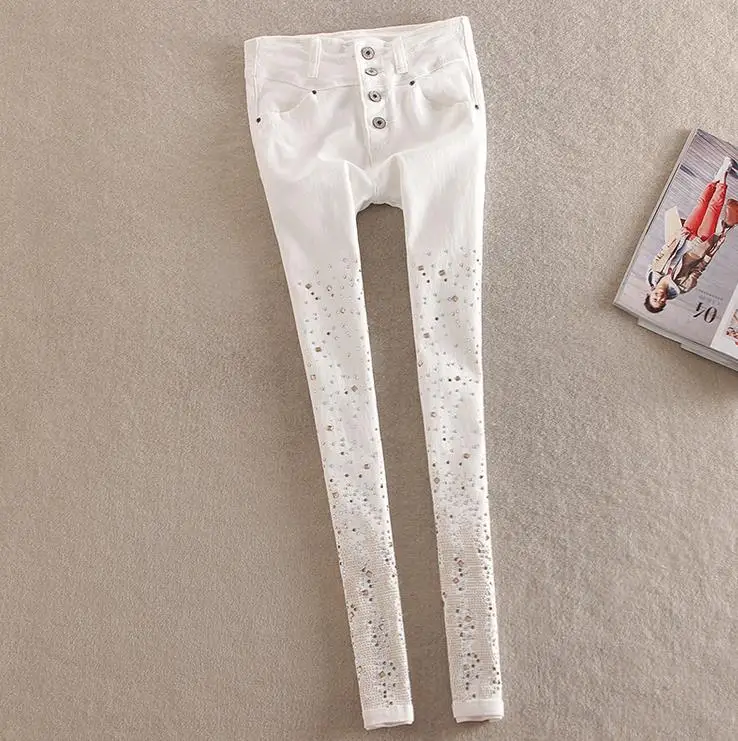 New cotton jeans women Rhinestone high waist single breasted denim pants feet pencil pants plus size New cotton jeans women Rhinestone high waist single breasted denim pants feet pencil pants plus size