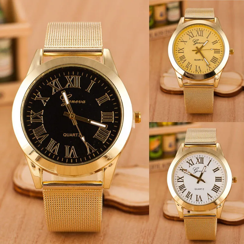 

Geneva New Fashion Luxury Top Brand Men Watch Roman Numerals Quartz Gold Stainless Steel Wrist Watch Men relogio masculino 2018