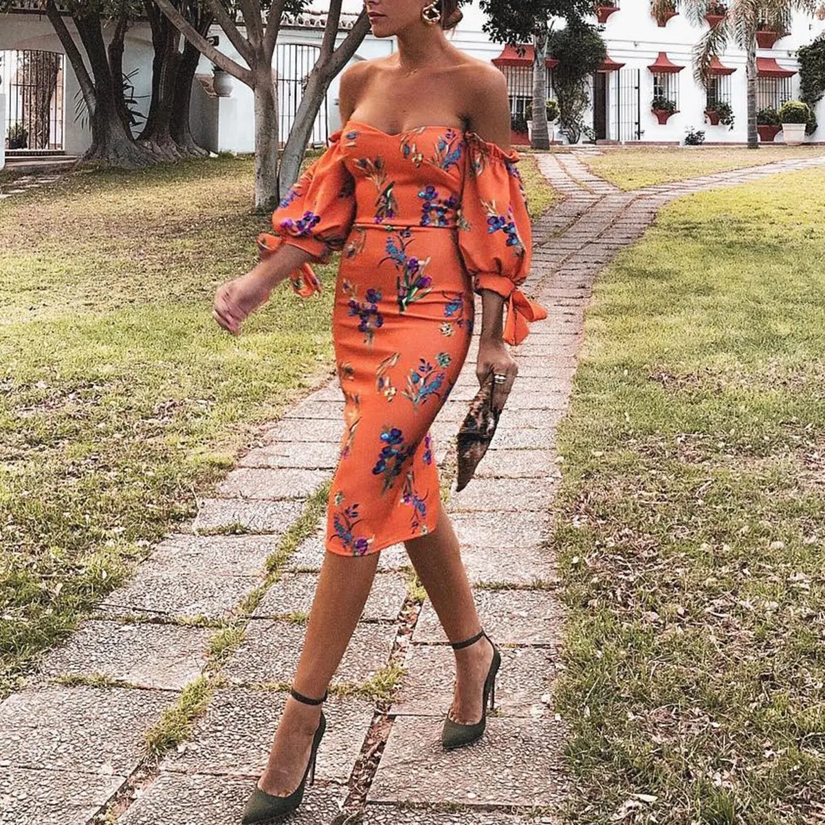 

Sexy Strapless Bohemian Midi Dresses for Women Bodycon Summer Beach Dresses Floral Printed Vestidos Party Night Club Dress 2019
