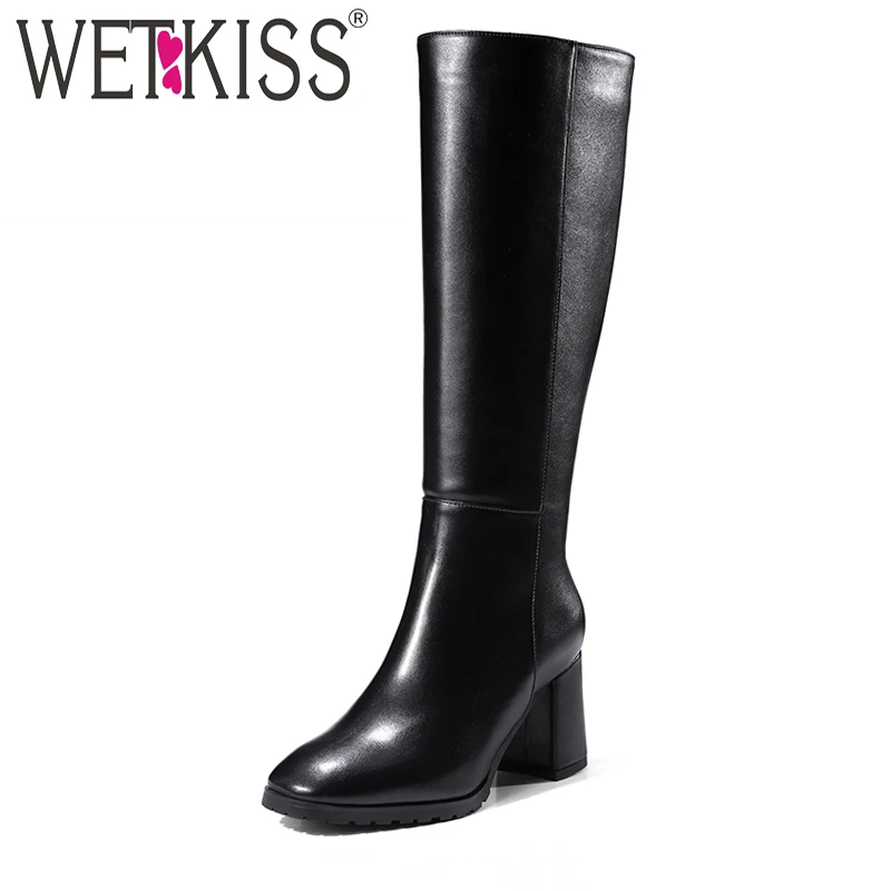 WETKISS Skid Proof Rubber Sole Winter Boots Genuine Leather Knee Boots High Square Heel Zipper Female Shoes Woman Concise Style