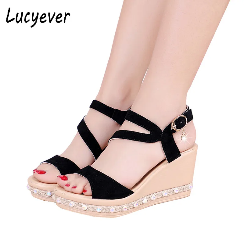 

Lucyever 2018 Summer Women Ankle Strap Sandals High Heels Wedges Platform Open Toe Pumps Woman Comfortable Platform Shoes Woman
