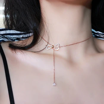 

YUN RUO Rose Gold & Silver Color Creative Crystal Bowknot Adjustable Pendant Necklace Chain Titanium Steel Jewelry Dropship 2019
