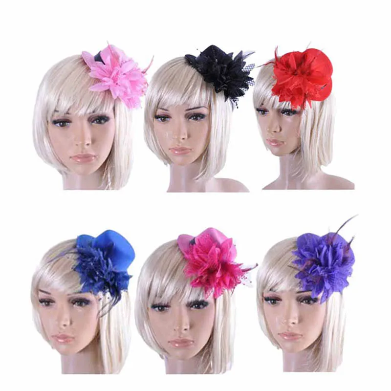 

Unique Design Party Wedding Hair Clip Hat Colorful Flower Feather Bride Headband Princess Hair Accessories