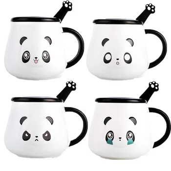 

500ml Creative Cartoon Panda Ceramic Mug Coffee Cup with Lid Spoon Milk Cup Large Capacity Couple Cups for Best Gift