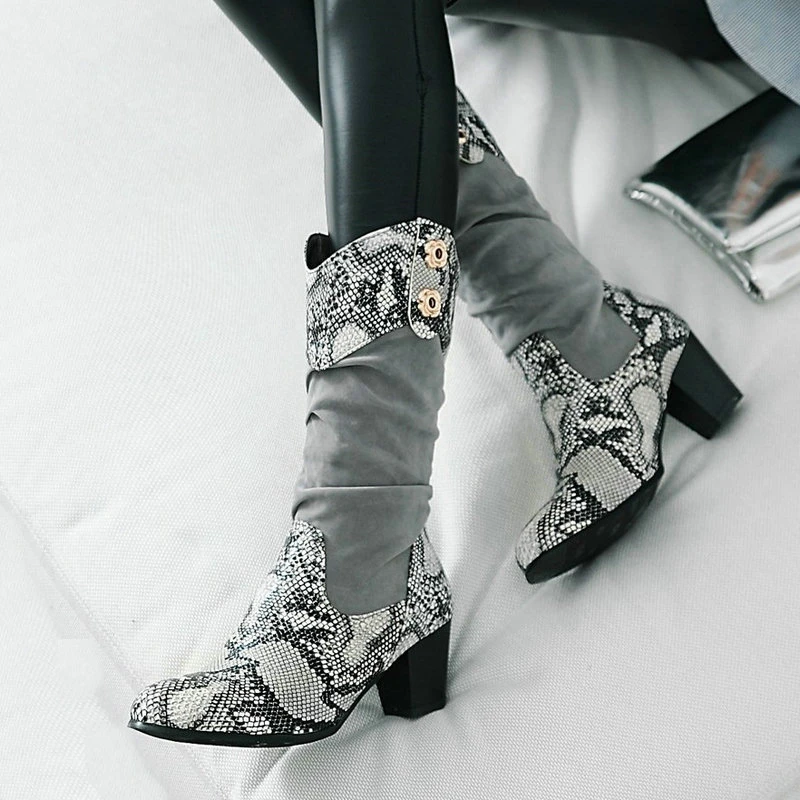 

Autumn Winter Women Mid Calf Boots Western Snake Print Cowboy Boots for Women Chunky Cowgirl Boots High Heel Big Size 2019 New