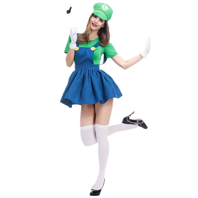 Super Mario Luigi costume Brothers Plumber Cosplay Costume For Women Girls Halloween Fancy Dress Party Costumes