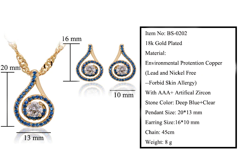 MxGxFam Королевский синий циркон кулон ожерелье и Комплект сережек для женщин модные ювелирные изделия золото-цвет 18 К счастливый Круглый Хорошее качество