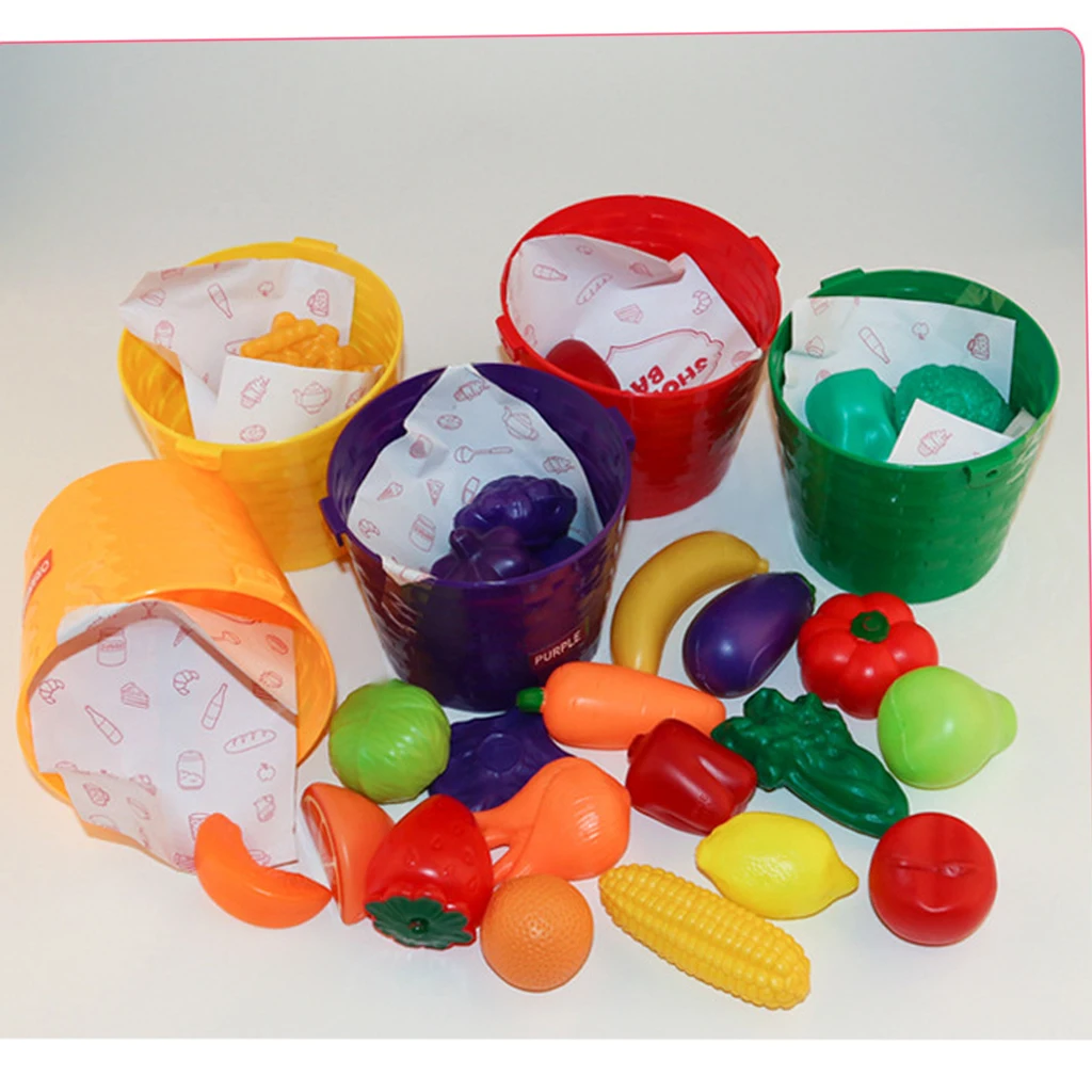 Pretend Role Play 25 Pieces Fruits Vegetables & 5 Baskets Farmer's Market Color Sorting Children Early Learning Cognition Toy