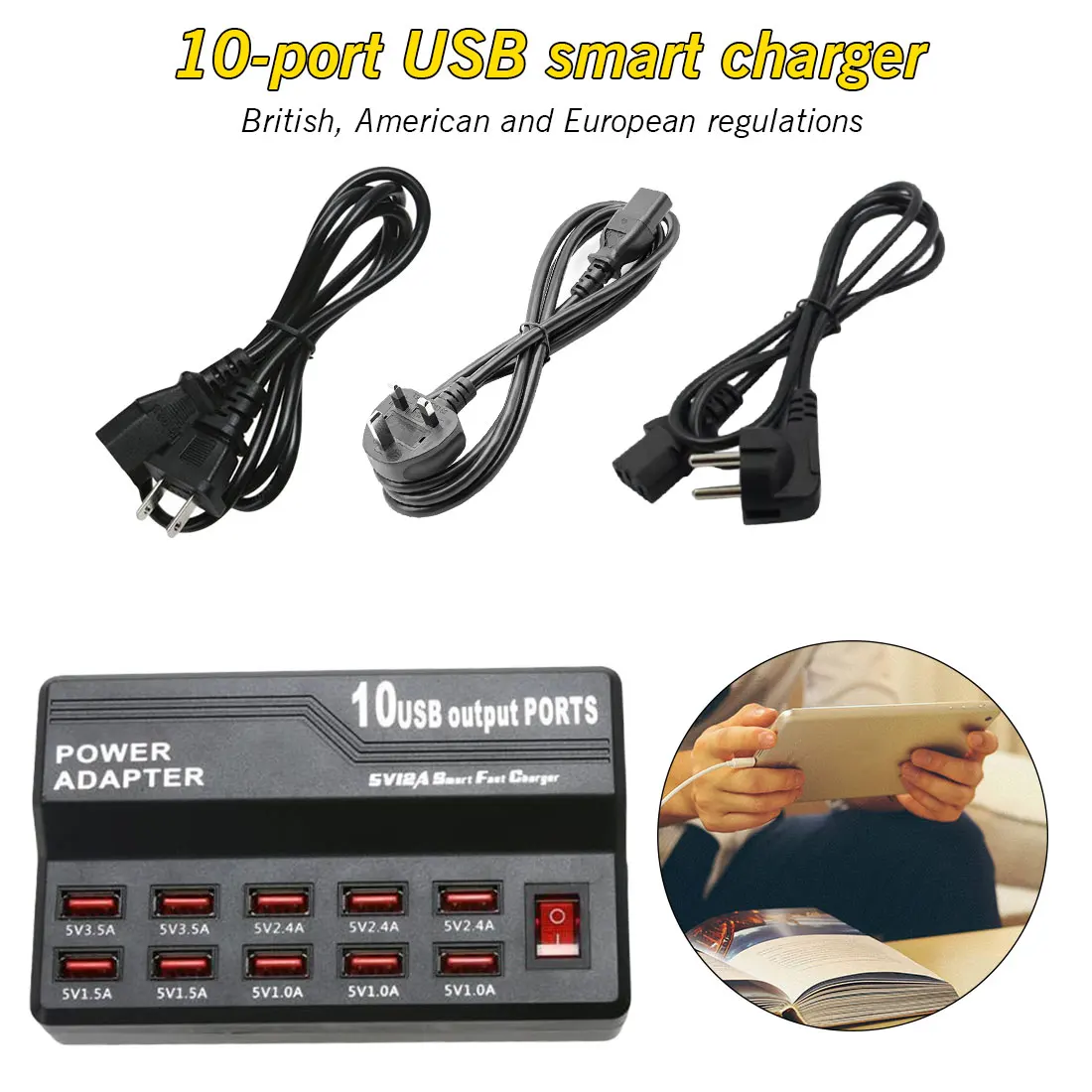 

Wall Travel For 10 Port Fast USB Charging Station Power Adapter Smart Travel Wall Desktop Charger Hub 5V 12A