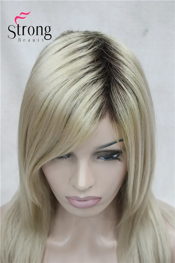 Quality Long Straight Blonde with Dark Roots, Side Swept Bangs Synthetic Wi...