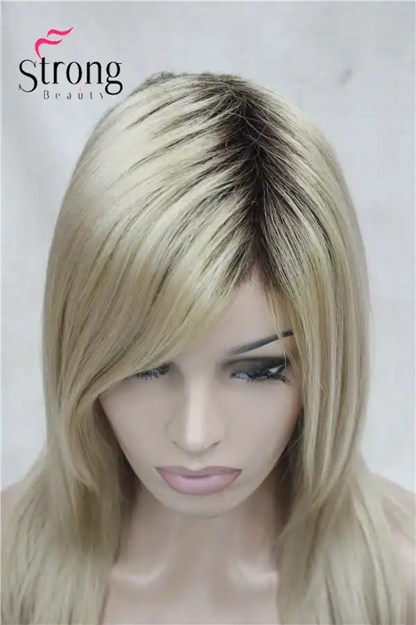 Long Straight Blonde With Dark Roots Side Swept Bangs Synthetic