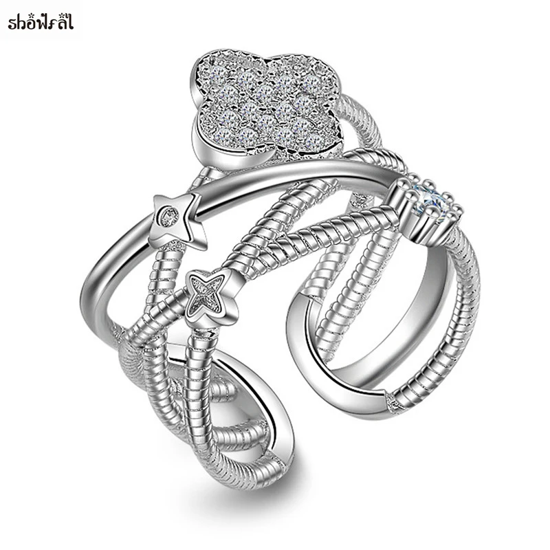 

Famous Brand Luxury Don't Fade Copper Alloy Shell Jewelry Unique Multi-layer Lucky Four Leaf Clover Ring Clear CZ Open For Women