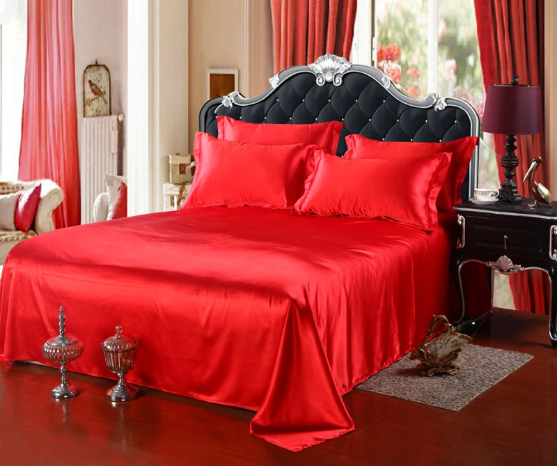 Luxury Red Wedding Silk Satin Flat Sheets Coverlet Bedding Bed