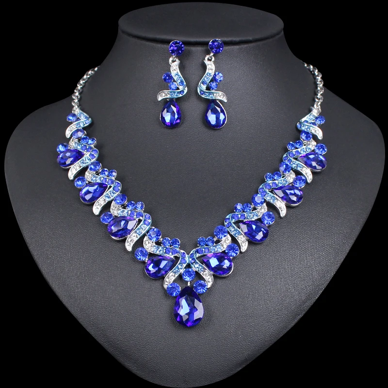 Модный, индийский, свадебный набор серег ожерелье наборы ювелирных изделий с кристаллами для женщин посеребренные аксессуары для свадебной вечеринки