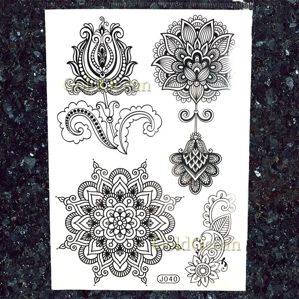 HBJ040 Серьги Henna Mandala цветок переводятся с помощью воды, штаны с фальш-вставкой, наклейки черное ухо рука временная татуировка Для женщин Девушка Индия кружева Макияж наклеивающаяся татуировка - Цвет: HBJ040