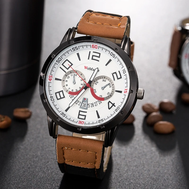 

Womage Men's Casual Wristwatches PU Leather Big Watch Dial Man Special Strap Quartz-watches with watch box for gift free