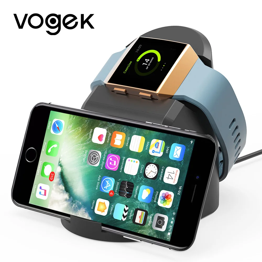 

VOGEK Wireless Magnet Charger for Fitbit Lonic, USB Power Charging Dock Charger Station Cradle for Fitbit Watch & Phone Stand