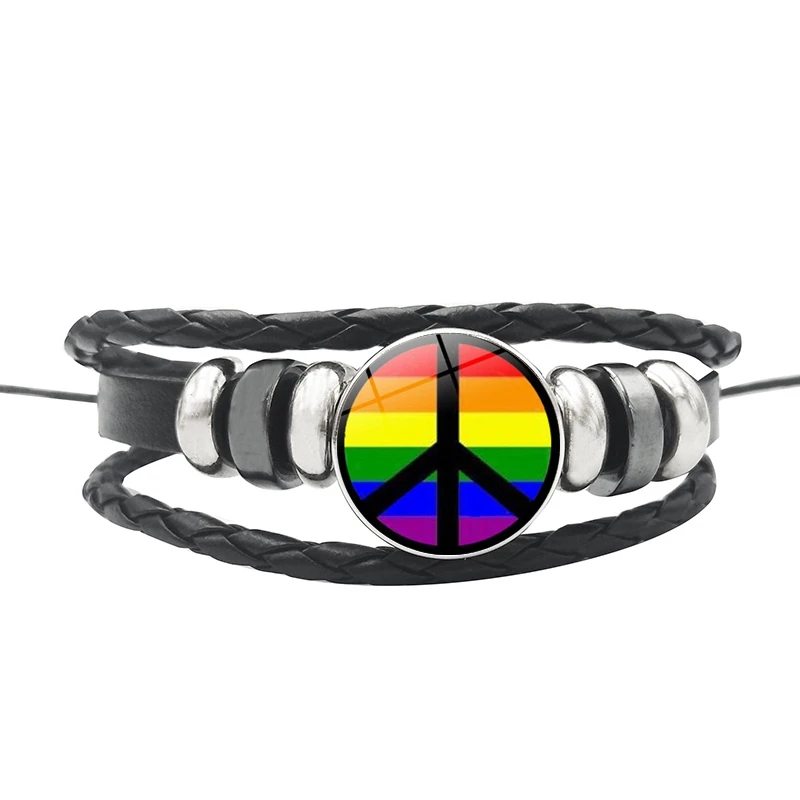 Новая Радуга, гей-браслет с подвеской в виде гордыни, стеклянный кожаный, с кнопкой, браслеты ЛГБТ, аксессуары для гомосексуалистов - Окраска металла: 14