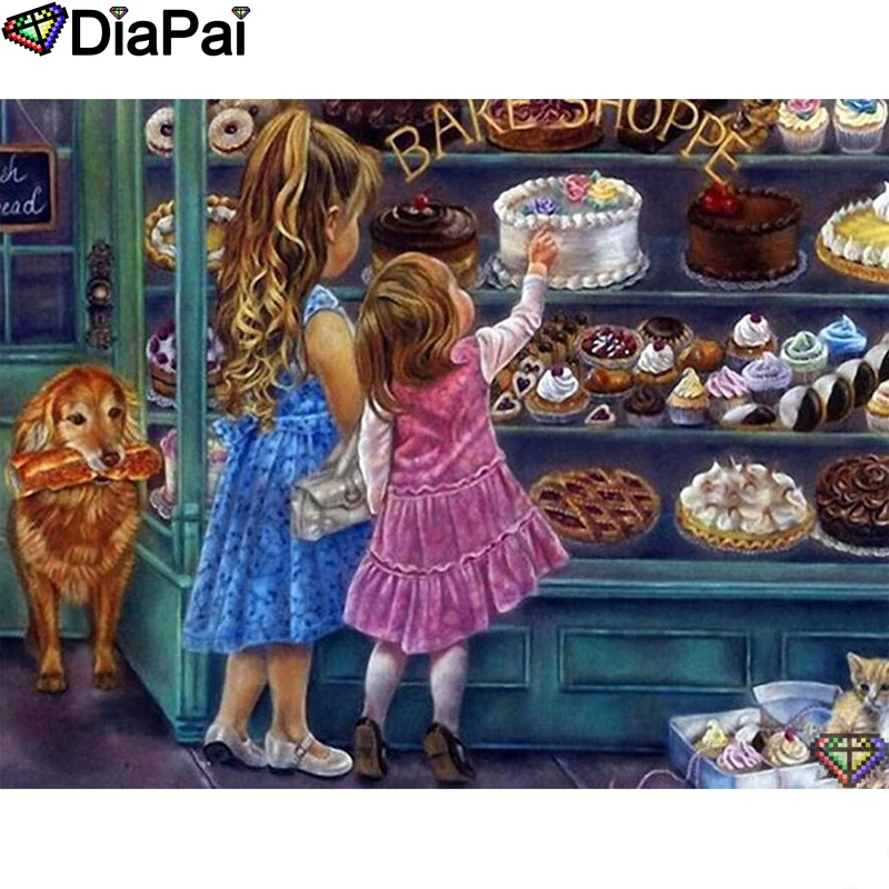 

DIAPAI 5D DIY Diamond Painting 100% Full Square/Round Drill "Girl cake dog" Diamond Embroidery Cross Stitch 3D Decor A23206