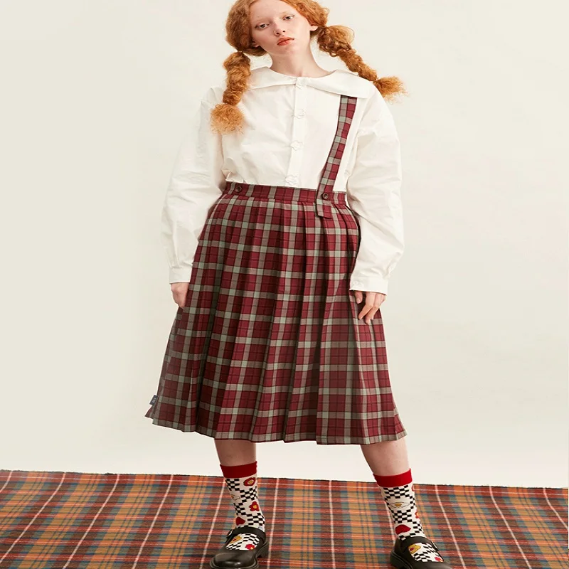 

New Japanese Mori Girl Little Fresh Plaid One Shoulder Straps Skirt Autumn/Winter Fashion Casual High Waist Skirt